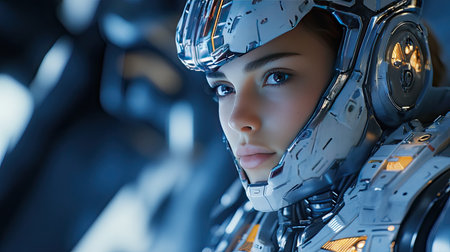 In a professional studio setting, a model poses in an intricately designed sci-fi armor costume,の素材