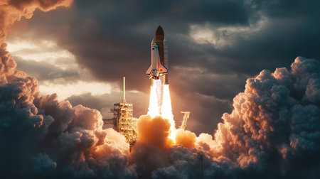 The awe-inspiring moment of a space shuttle launch, with the vehicle ascending into space amidst clouds of smoke.の素材