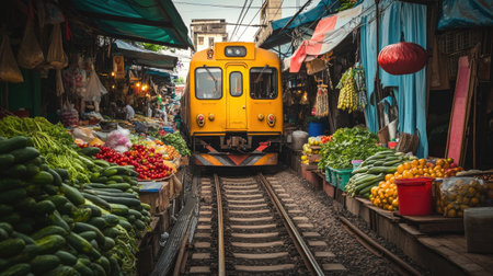 The famous Maeklong Railway Market in Thailand, where stalls of fresh produce line the railroad track.の素材