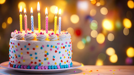 A brightly decorated birthday cake with colorful frosting and lit candles, set against a festive backdrop,の素材