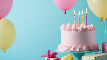 A cheerful birthday setup with a pink cake, festive balloons, and gifts on a bright blue background,の素材