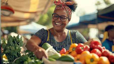 Joyful street vendor in a vibrant farm market setting, filling a customer bag with locally grown fruits and vegetables.の素材