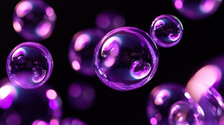 A collection of purple bubbles float gracefully on a black backdrop, offering a dramatic and visually stunning effectの素材
