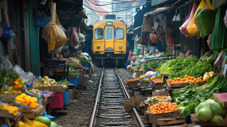 Vibrant Maeklong Railway Market, Thailand, where stalls filled with fresh produce are set up on the railroad tracks.の素材