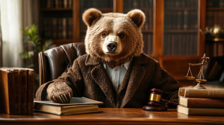 A funny and creative depiction of a bear in judge's attire, sitting in an office with a gavel and law booksの素材