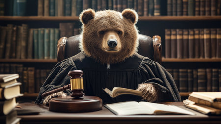 A bear dressed as a judge, complete with a robe and gavel, seated in an office surrounded by legal books,の素材