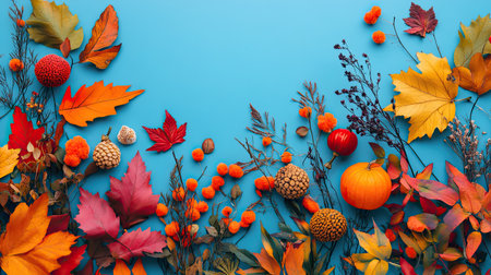 A beautiful arrangement of autumn leaves and seasonal decorations on a bright blue background,の素材
