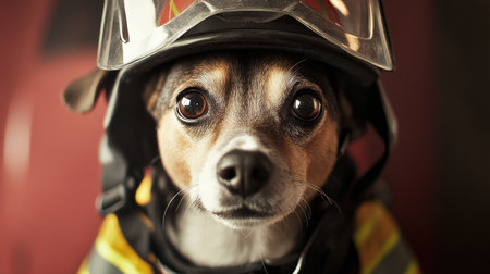 A close-up portrait of a dog in a firefighter uniform and helmet, showcasing the charming and humorous sideの素材