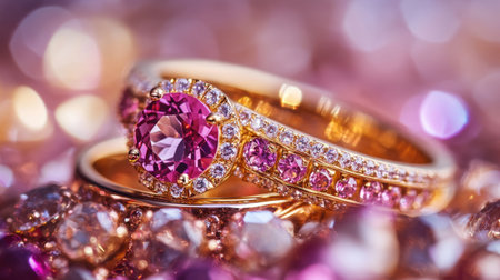 A close-up view of gold rings adorned with pink and clear gemstones, set against a lively, colorful backgroundの素材