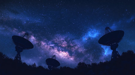 A breathtaking night sky scene with radio telescopes silhouetted against the Milky Way,の素材