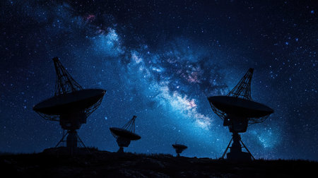 A breathtaking night sky scene with radio telescopes silhouetted against the Milky Way,の素材
