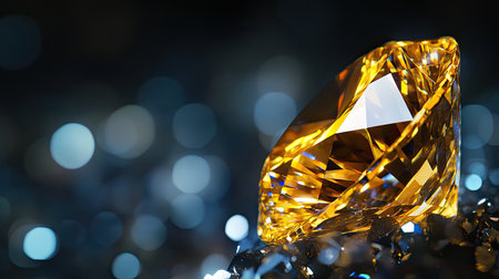 A close-up of a brilliant yellow diamond sparkling under soft light, set against a deep, dark background,の素材