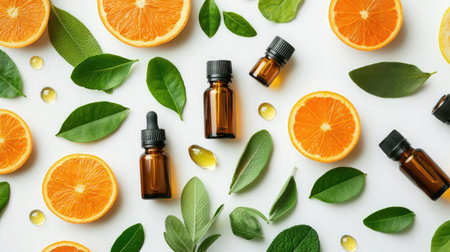 A flat lay composition featuring essential oil bottles with bright orange and green leaves,の素材