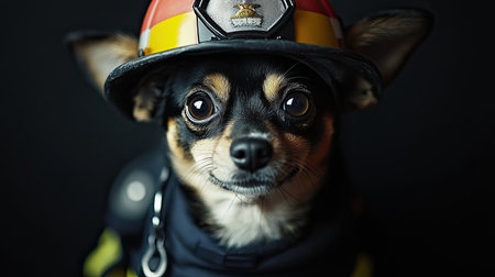 A cute dog dressed as a firefighter, wearing a tiny uniform and helmet,の素材