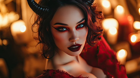 A close-up portrait of a woman dressed as a sexy devil for Halloween, showcasing her bold makeup, red outfitの素材