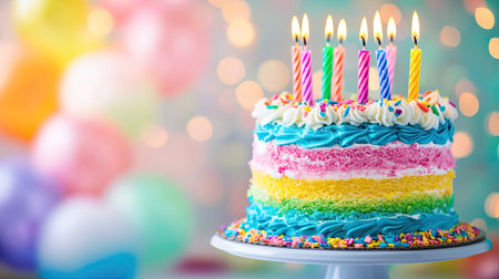 A brightly decorated birthday cake with colorful frosting and lit candles, set against a festive backdrop,の素材
