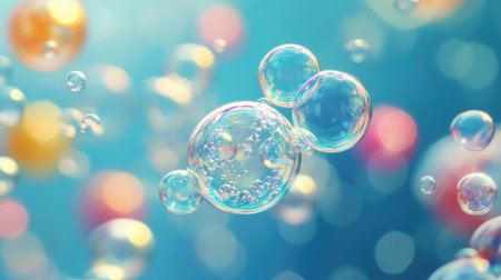 A captivating scene of colorful bubbles floating effortlessly against a calming blue water backgroundの素材