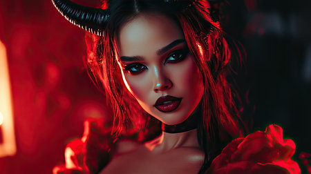 A close-up portrait of a woman dressed as a sexy devil for Halloween, showcasing her bold makeup, red outfitの素材