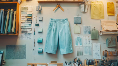A detailed fashion sketch of light blue trousers and shorts, pinned to a studio wall, surrounded by fabric swatches and design tools,の素材