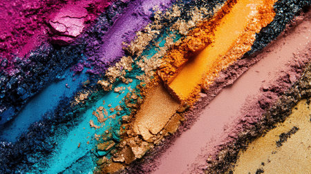 A detailed close-up of vibrant powdered cosmetics in an array of shades, artfully arranged to showcase different textures and colorsの素材