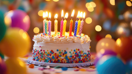 A colorful birthday cake with glowing candles, surrounded by festive decor, capturing the excitement of a birthday celebrationの素材