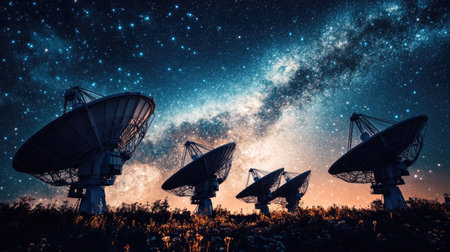 A dramatic image of radio telescopes set against the backdrop of the Milky Wayの素材