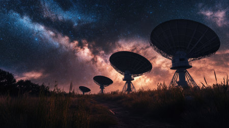 A dramatic image of radio telescopes set against the backdrop of the Milky Wayの素材