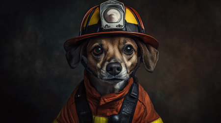 A cute dog dressed as a firefighter, wearing a tiny uniform and helmet,の素材