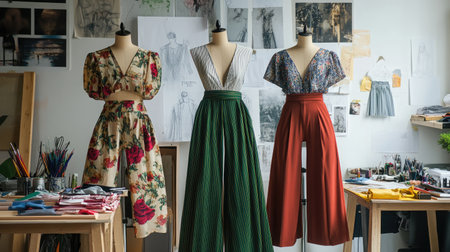 A creative display of fashion sketches showing three outfits with wide-legged trousers and blousesの素材