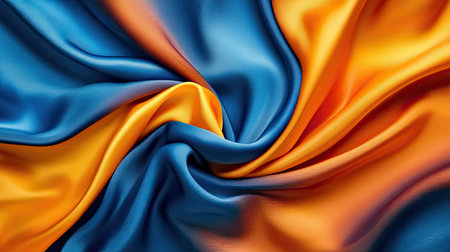 A vibrant piece of fabric with a dynamic blue, orange, and yellow color schemeの素材