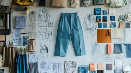 A fashion designer studio wall, featuring a sketch of light blue trousers and shorts, with fabric swatches and design toolsの素材
