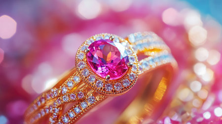 A luxurious close-up of gold rings with pink and clear gemstones, sparkling against a vivid, colorful backdrop,の素材