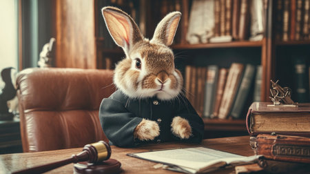 A rabbit dressed as a judge, sitting in an office with a gavel and books,の素材