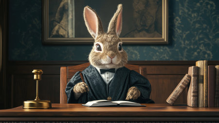 A funny and imaginative scene of a rabbit in judge's robes, seated at a desk with a gavel and law books,の素材