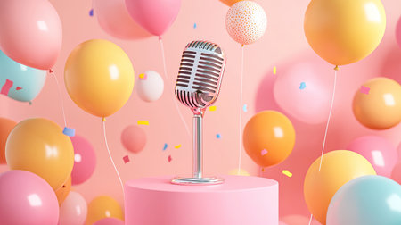 A lively setup featuring a sparkling microphone on a pink podium with colorful balloons floating around,の素材