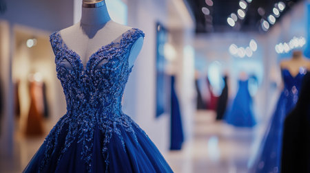 A stunning blue evening gown with intricate details, displayed prominently at a fashion exhibit in a chic downtown galleryの素材