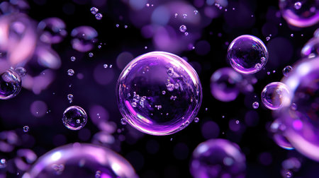 Ethereal purple bubbles hover against a dark black background,の素材