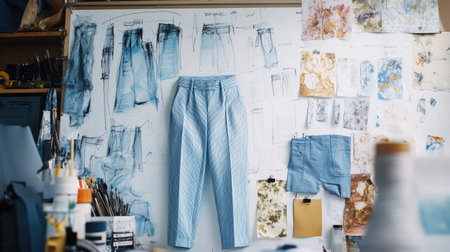 A sketch of light blue trousers and shorts on a creative studio wall, with fabric swatches and tools neatly arrangedの素材
