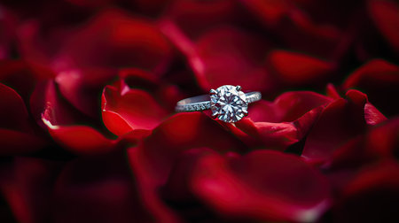 A sparkling engagement ring nestled among red rose petals, capturing the essence of romance in a stunning,の素材