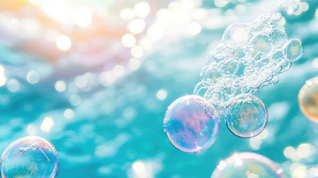 Bright, colorful bubbles drift in the air with a tranquil blue water backdrop, offering a close-up view of their delicate beautyの素材