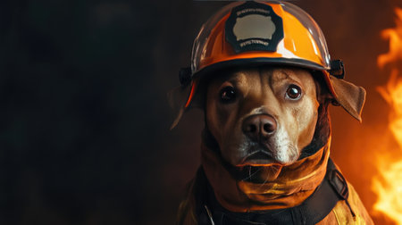 A playful portrait of a dog wearing a firefighter's uniform and helmet,の素材