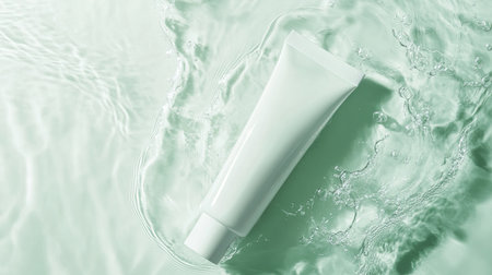 A tube of cream resting in clear water on a light green background, captured from above1179fea46350の素材