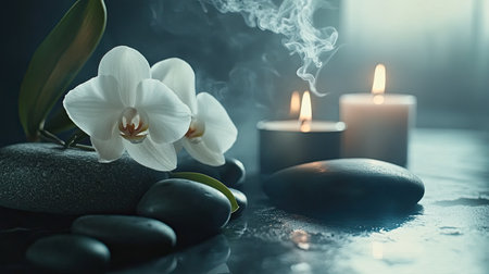 A serene spa scene featuring a white orchid, smooth dark stones, and calming candlelight,の素材
