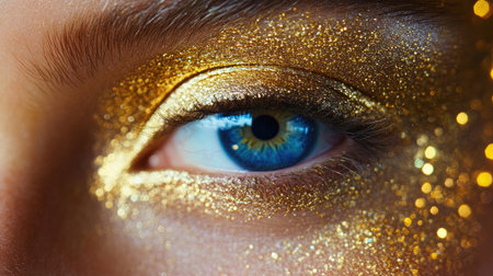 The intricate design of golden makeup accents frames a bright blue eye, captured in a stunning close-up againstの素材