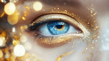 The intricate design of golden makeup accents frames a bright blue eye, captured in a stunning close-up againstの素材
