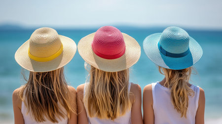 Three young girls on a sunny beach, wearing straw hats in the colors of the Greek flag. The perfect holiday vibeの素材