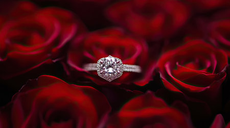 The brilliance of an engagement ring is highlighted by the rich red petals of roses, set in a beautifully romantic arrangementの素材