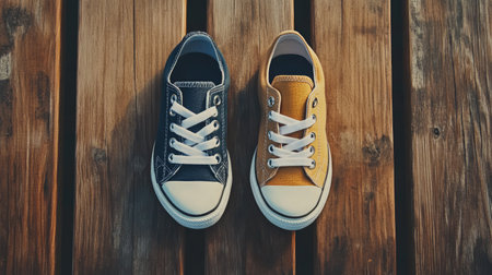 Two pairs of sneakers, one large and one small, neatly placed on a wooden surfaceの素材