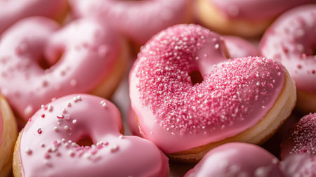 A close-up of heart-shaped donuts coated in pink icing, ideal for Valentine's Day or romantic-themed visuals.の素材