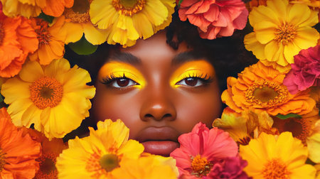 An artistic portrait featuring a person with bold yellow eyeshadow, framed by vibrant, multicolored flowersの素材